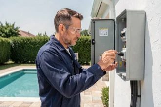 Électricien inspectant un coffret électrique extérieur installé près d'une piscine résidentielle