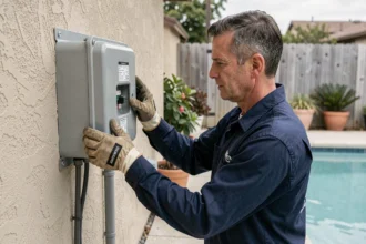 Électricien professionnel inspectant un coffret électrique étanche installé près d'une piscine extérieure, conformément à la réglementation en vigueur