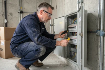Électricien professionnel inspectant un tableau électrique dans une maison lors d'un déménagement