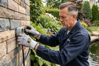 Électricien professionnel installant une prise électrique étanche sur un mur en pierre près d'un bassin de jardin