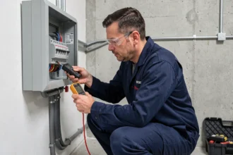 Électricien professionnel inspectant un tableau électrique lors de travaux d'adaptation d'un logement