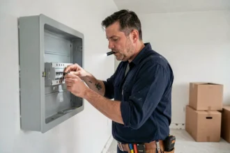 Électricien inspectant un tableau électrique dans un appartement vide avant un déménagement
