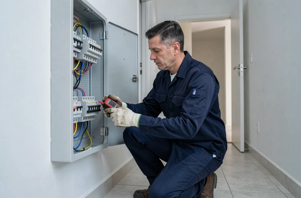 Électricien professionnel vérifiant le tableau électrique lors de l'ouverture d'un compteur dans un appartement rénové