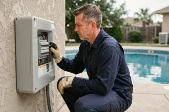 Électricien inspectant un tableau électrique étanche installé près d'une piscine extérieure