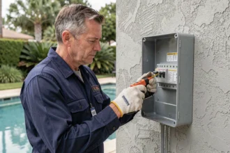 Électricien professionnel inspectant un tableau électrique étanche installé près d'une piscine résidentielle