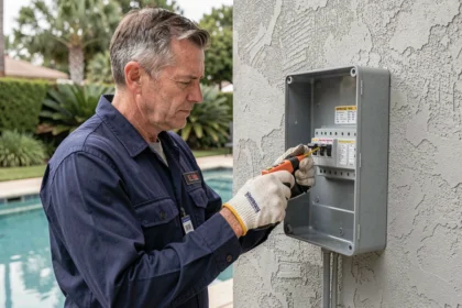 Électricien professionnel inspectant un tableau électrique étanche installé près d'une piscine résidentielle