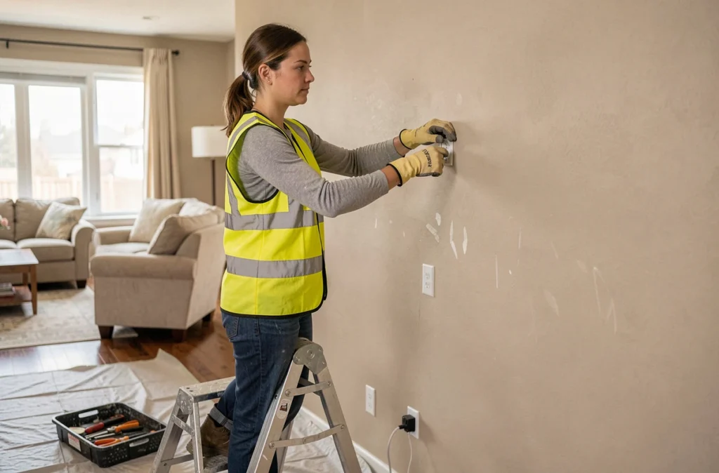 Électricienne installant une prise électrique adaptée à hauteur réduite dans un logement en rénovation