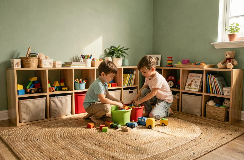 Enfants jouant avec un système de rangement modulable coloré dans une salle de jeux familiale moderne