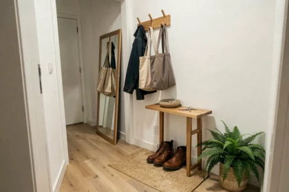 Entrée de maison bien organisée avec porte-manteau en bois, console et tapis en jute dans un appartement moderne