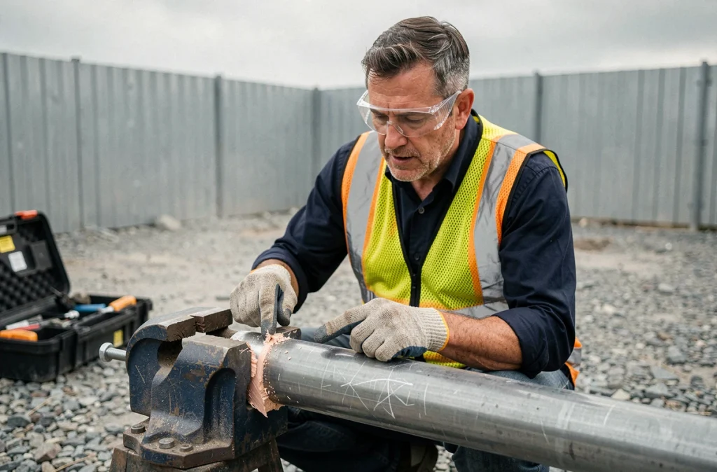 Technicien sur chantier examinant une coupe irrégulière et mal exécutée sur un tuyau métal serré dans un étau portable
