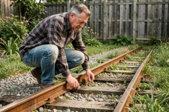Homme inspectant un chemin de fer traverse mal installé dans un jardin, rails désalignés et traverses en bois usées sur allée de gravier
