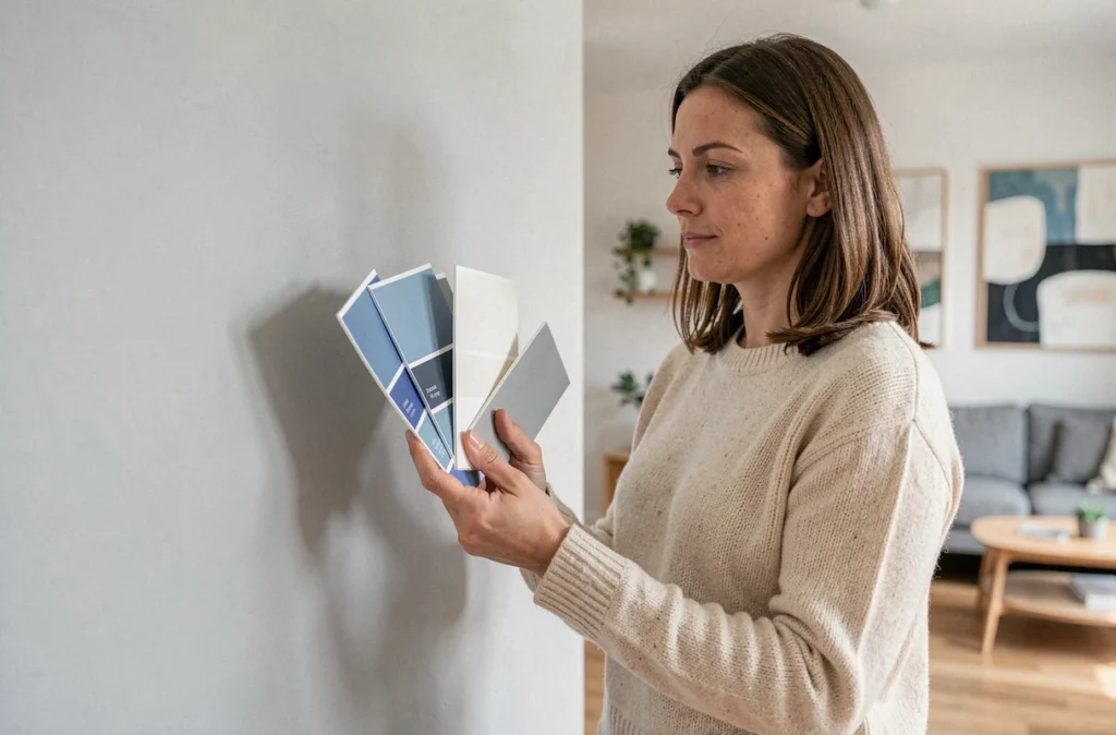 Femme comparant des échantillons de peinture bleus et gris devant un mur de salon, illustrant le processus de choix de couleurs pour décorer un intérieur