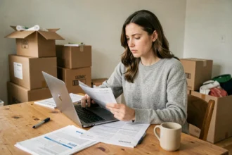 Femme comparant des offres de fournisseurs d'énergie sur ordinateur portable entourée de cartons de déménagement