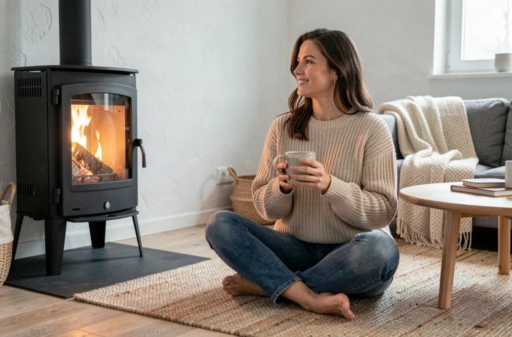 Femme se réchauffant devant un poêle à bois allumé dans un salon de style scandinave épuré