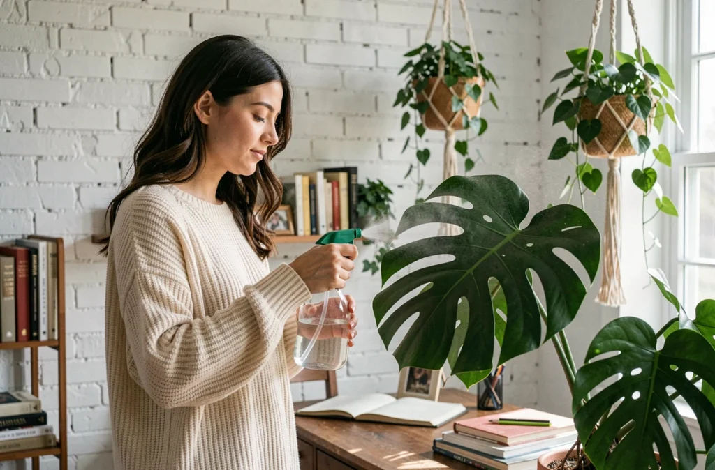 Femme arrosant un monstera dans un bureau à domicile chaleureux avec plantes suspendues et mur en briques blanches