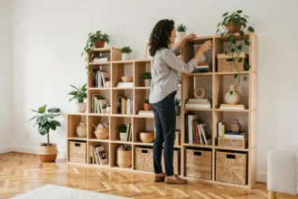Femme réarrangeant des étagères modulables en bois dans un salon scandinave moderne aux tons neutres