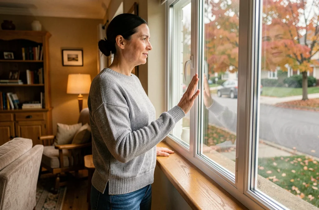 Femme observant l'extérieur depuis une fenêtre triple vitrage nouvellement posée dans un salon bien isolé