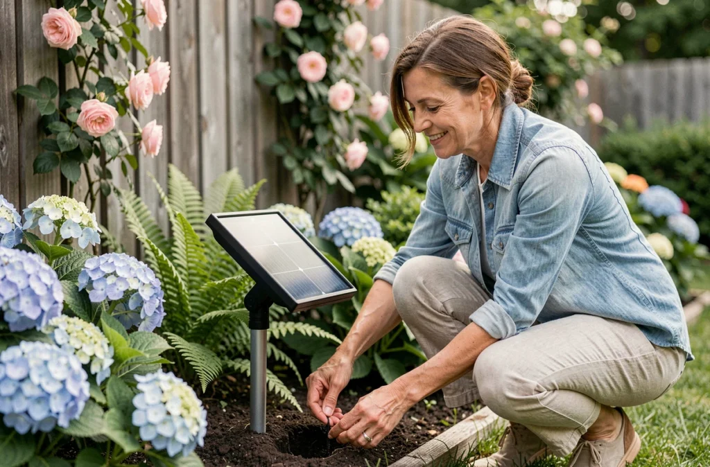 Femme installant un spot solaire extérieur dans un massif de fleurs dans un jardin pavillonnaire verdoyant