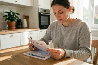 Femme lisant un contrat d'électricité à une table de cuisine pour effectuer un transfert de contrat