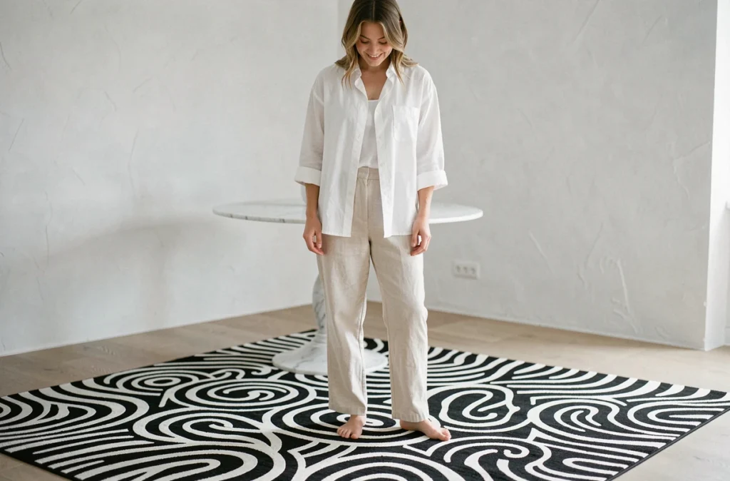 Femme debout pieds nus sur un tapis graphique noir et blanc contrastant avec un intérieur neutre salle à manger contemporaine
