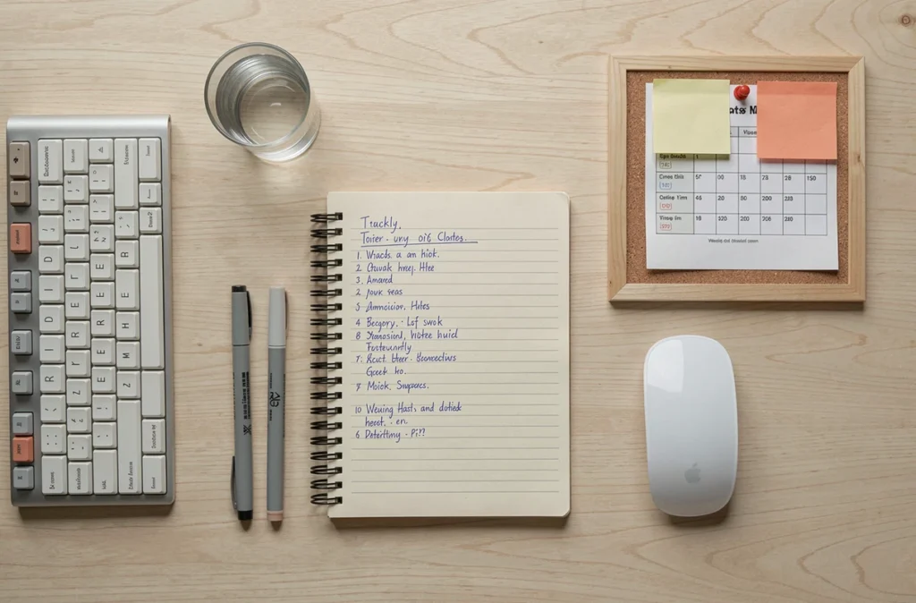 Vue de dessus d'un bureau à domicile avec carnet, clavier, souris et tableau de planification organisé