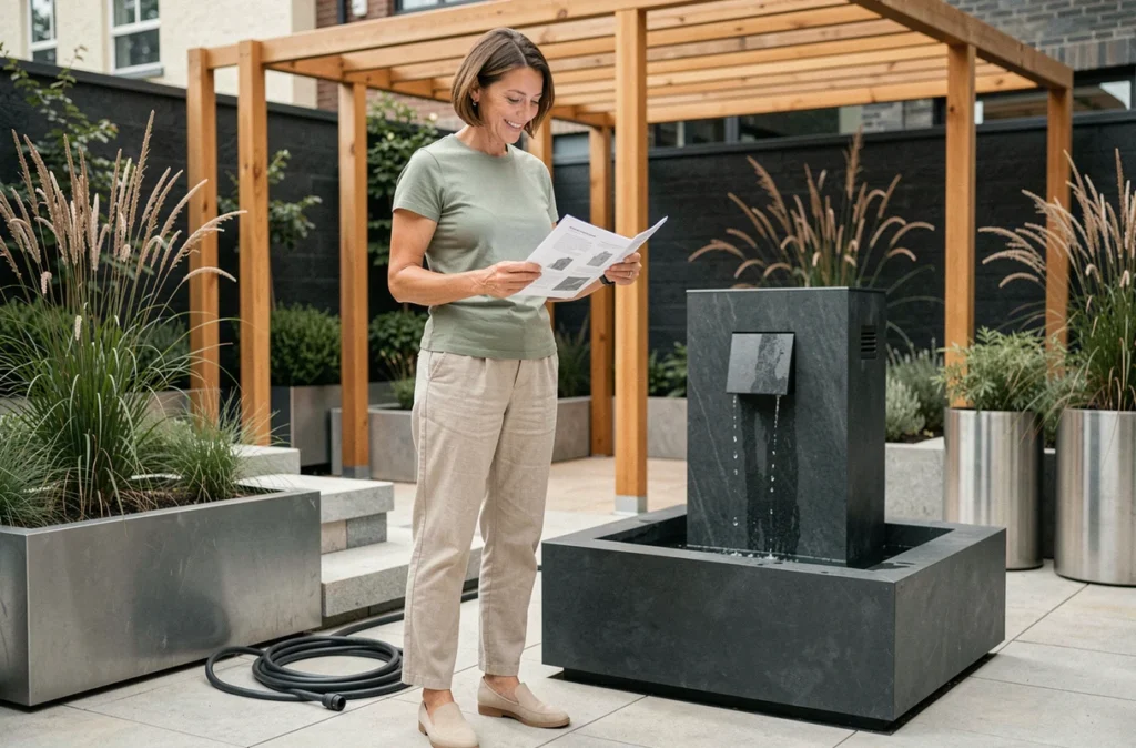 Femme consultant un manuel d'installation d'une fontaine électrique sur une terrasse de jardin contemporaine