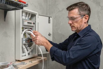 Électricien installant une goulotte PVC dans un tableau électrique résidentiel ouvert