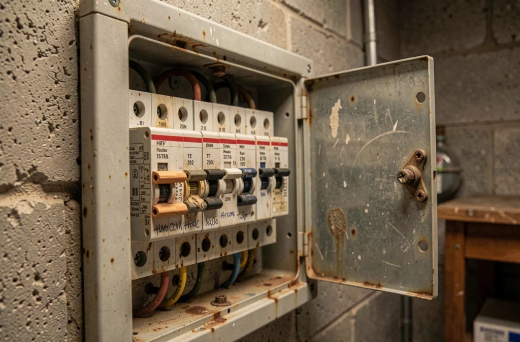 Gros plan d'un ancien tableau électrique résidentiel ouvert avec des disjoncteurs usés et étiquettes effacées dans un sous-sol