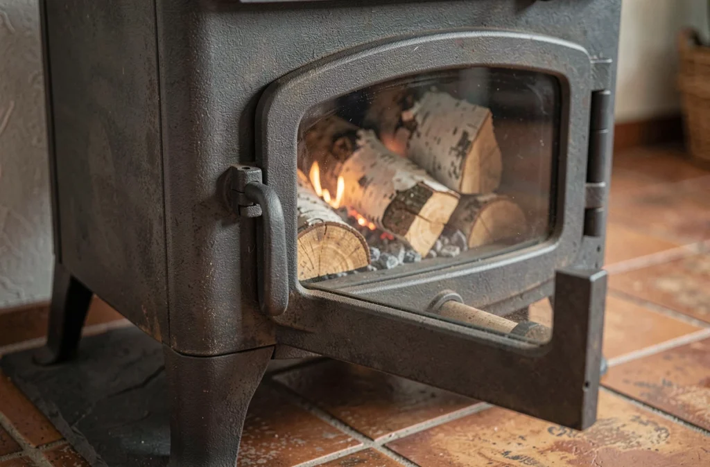 Gros plan sur la porte d'un poêle à bois moderne avec braises et bûches de bouleau visibles à l'intérieur