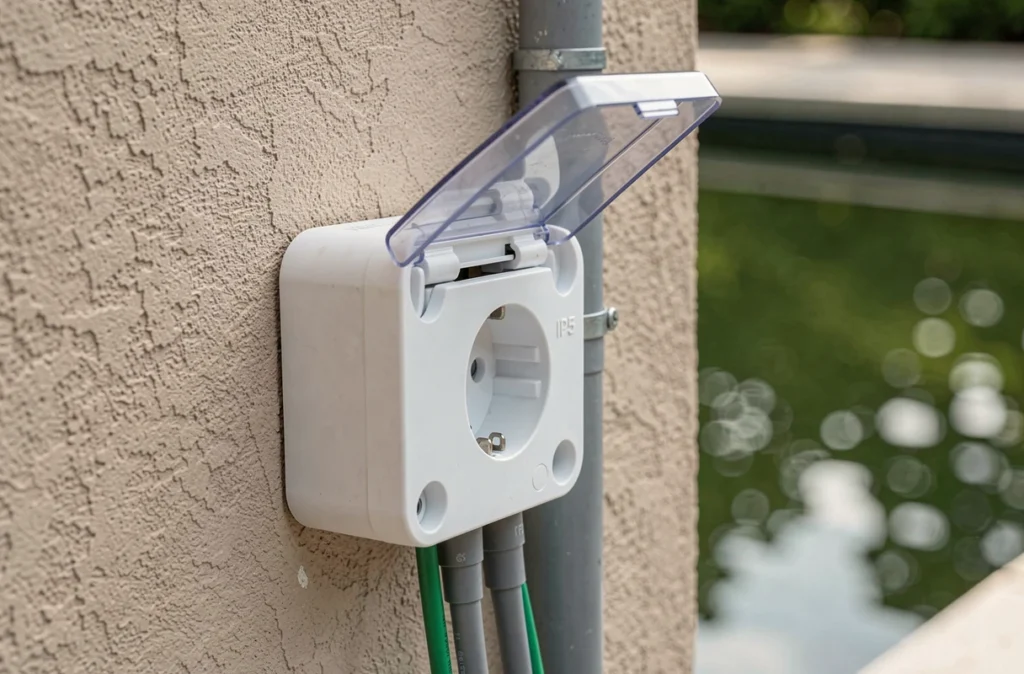 Gros plan sur une prise électrique étanche IP55 installée sur un mur extérieur près d'un bassin avec son cache de protection ouvert