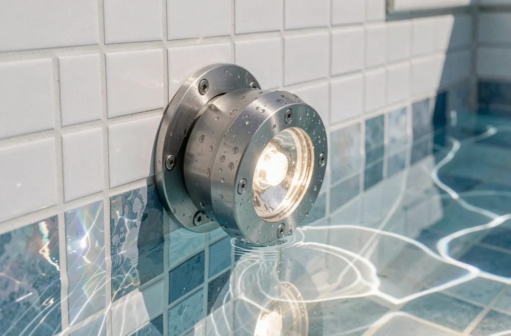 Gros plan d'un projecteur LED encastré dans le carrelage d'une piscine sous l'eau