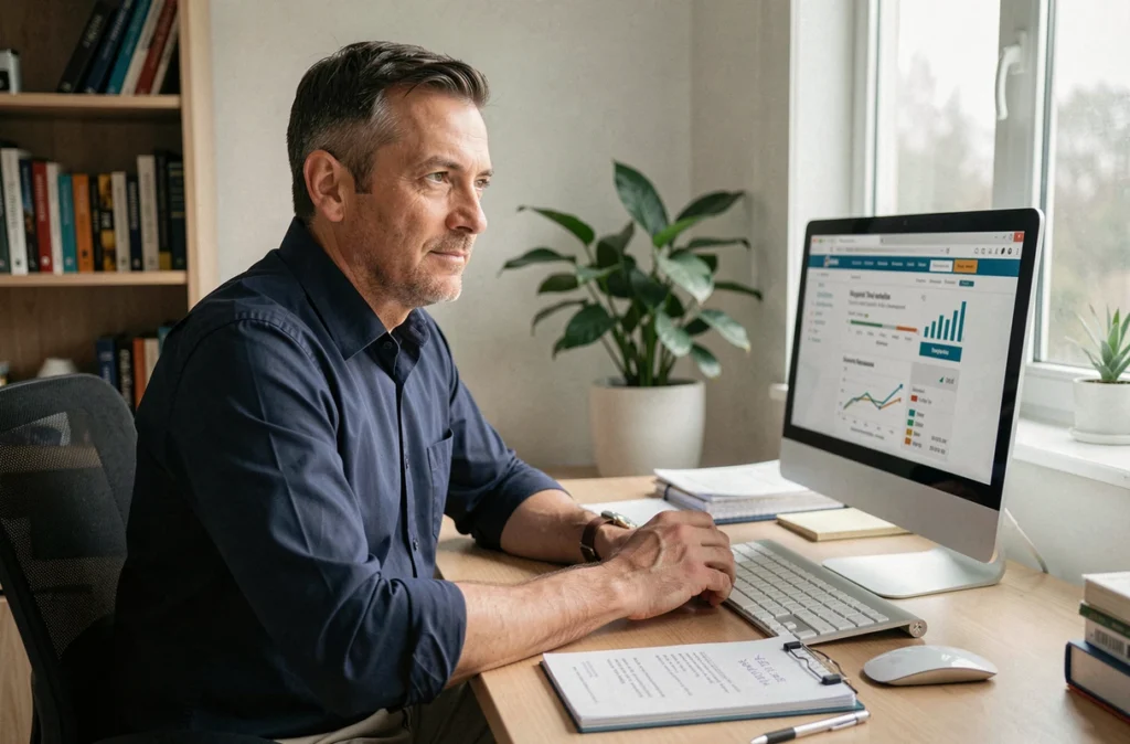 Homme au bureau consultant des factures et un comparateur de fournisseurs d'énergie en ligne