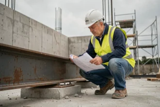 Ingénieur en structure examinant un profilé IPN posé sur une fondation en béton sur un chantier de construction