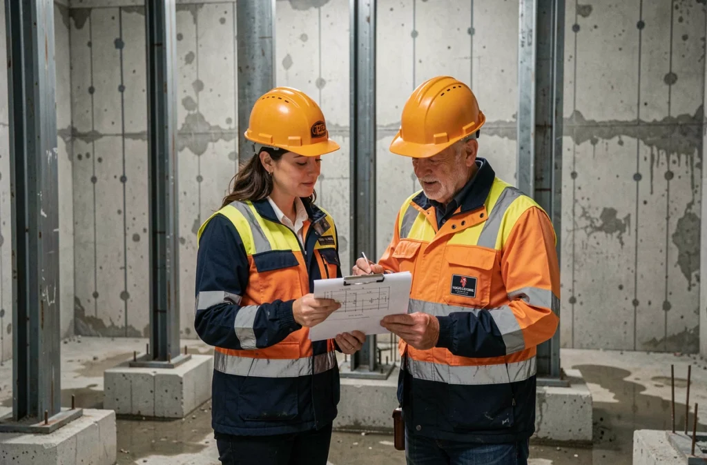 Deux ingénieurs civils étudiant les calculs de charge d'un profilé IPN dans un sous-sol en béton armé en cours de construction