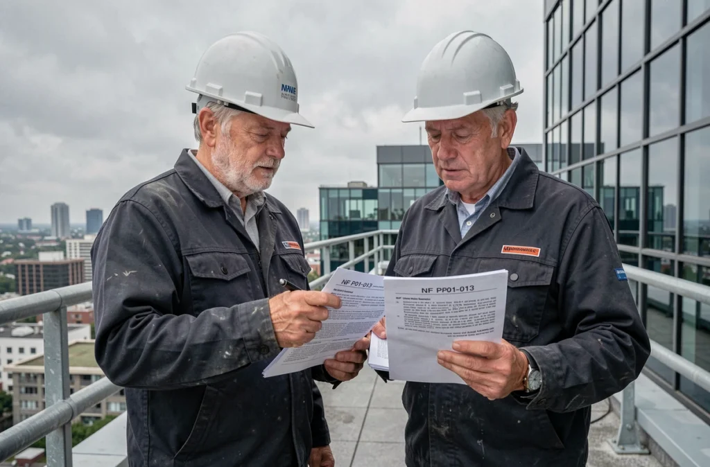 Deux ingénieurs en bâtiment comparant les exigences des normes NF P01-012 et NF P01-013 sur la terrasse d'un immeuble commercial