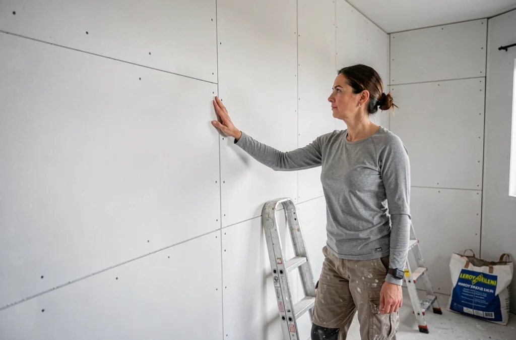 Femme inspectant une cloison en Placo isolé posée dans une pièce en cours de rénovation