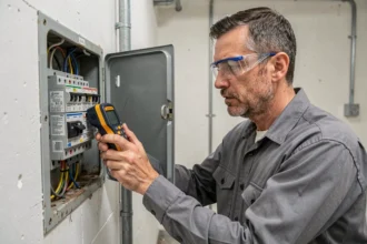 Électricien inspectant un tableau électrique résidentiel ouvert avec un testeur de tension dans une salle utilitaire