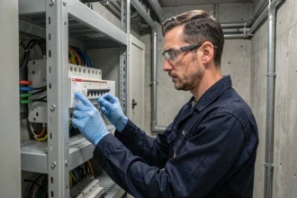 Technicien inspectant un tableau électrique dans un local technique avec équipements de protection individuelle