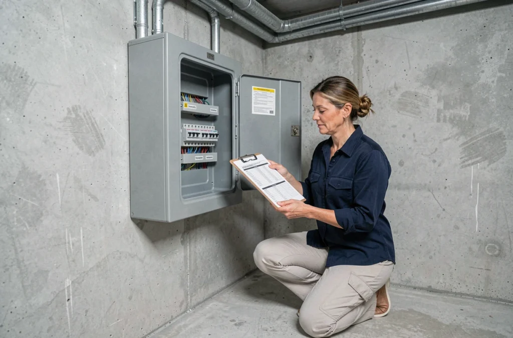 Femme inspectant un tableau électrique avec une liste de contrôle dans la salle technique d'une nouvelle maison