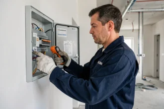 Électricien inspectant un tableau électrique dans un nouveau logement en cours de rénovation