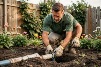 Jardinier professionnel installant des tuyaux d'arrosage automatique dans un jardin résidentiel