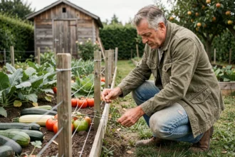 Homme installant une clôture électrique autour d'un potager en milieu rural
