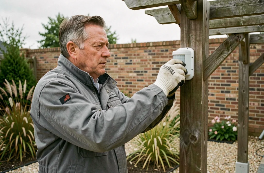 Homme installant un détecteur de mouvement sur un poteau de pergola en bois dans un jardin