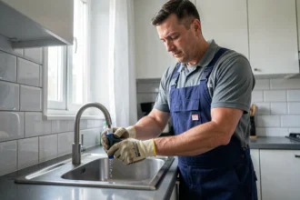 Plombier installant un économiseur d'eau sur un robinet de cuisine moderne