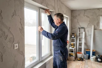 Artisan en train d'installer une fenêtre double vitrage PVC dans un appartement en rénovation pour améliorer l'isolation thermique