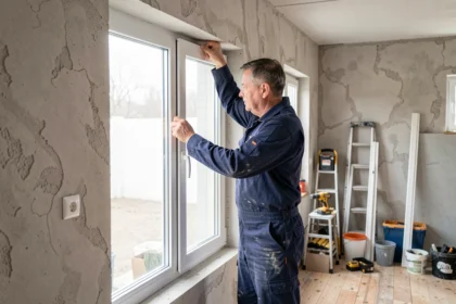 Artisan en train d'installer une fenêtre double vitrage PVC dans un appartement en rénovation pour améliorer l'isolation thermique