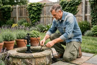 Homme installant une fontaine électrique de jardin en connectant une pompe submersible dans un espace vert soigné