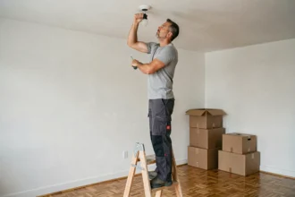 Homme installant un luminaire au plafond après un déménagement dans un salon vide avec des cartons