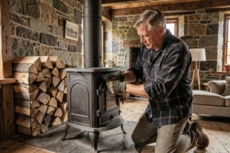 Installation d'un poêle à bois en fonte dans un salon rustique avec mur en pierre et parquet bois