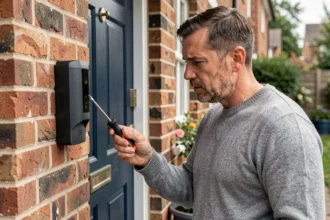 Homme installant une sonnette connectée sur la façade en brique d'une maison individuelle